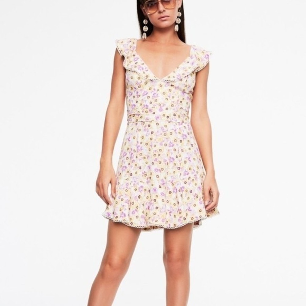 AFRM Floral Mini Dress A-Lineβ Sz L Yellow Purple Tie Waist Ruffle Cottagecore
